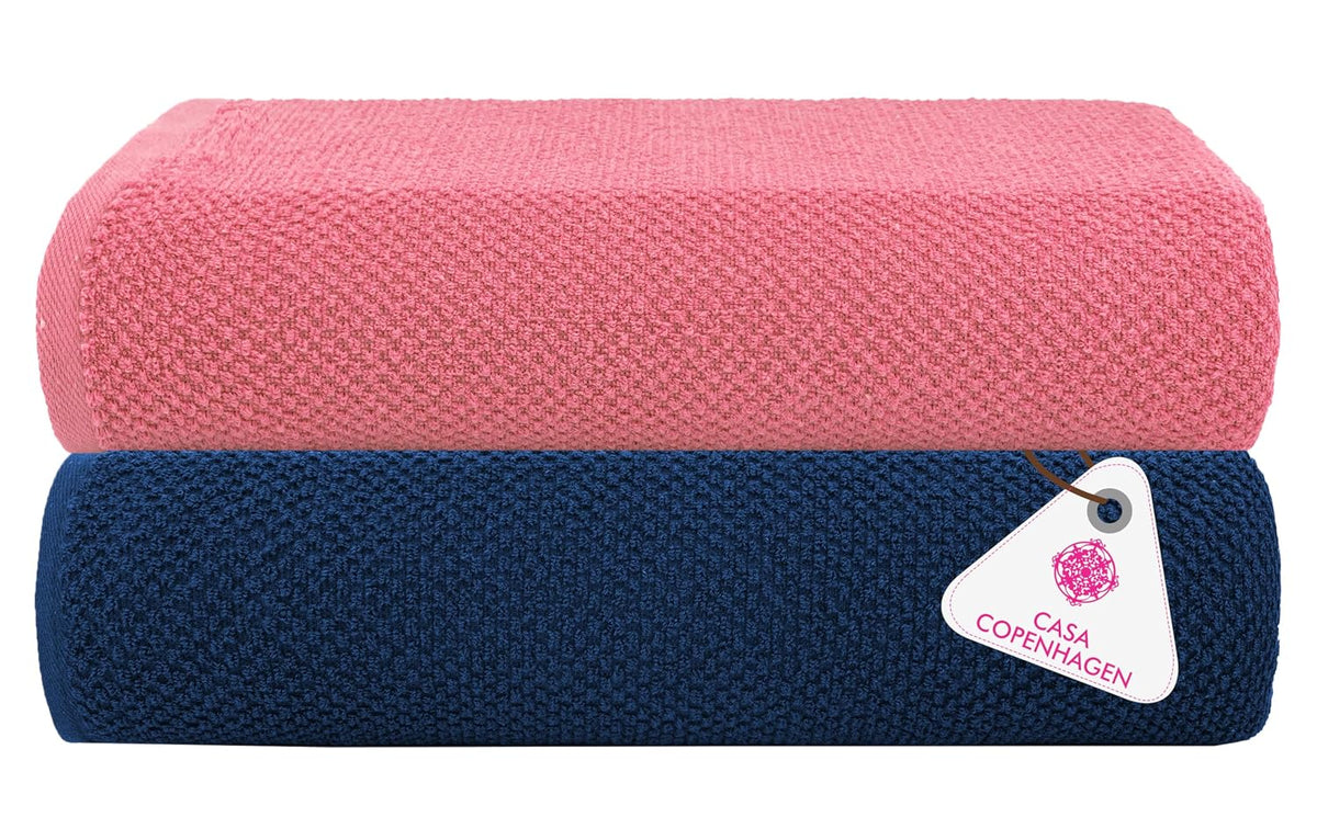 Casa Copenhagen Designed In Denmark Popcorn Super Soft 2 Pieces 100% Cotton Large Bath Towel 525 Gsm - Navy & Pink