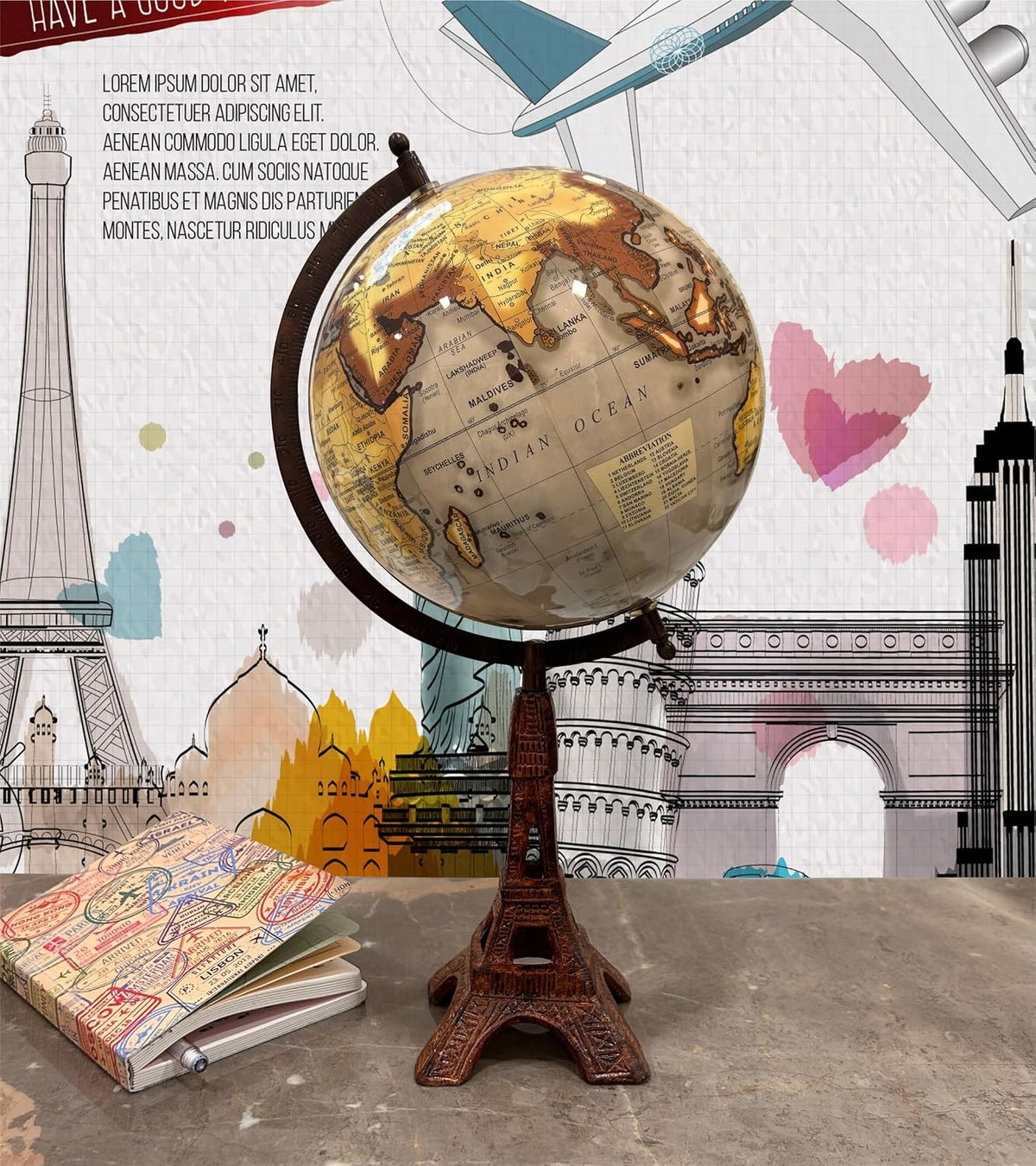 Wanderlust Slogan Globe With Eiffel Tower Base For Home Decor, Gift, Decorative Office Table, For Kids & Students Learning, Pack Of 1