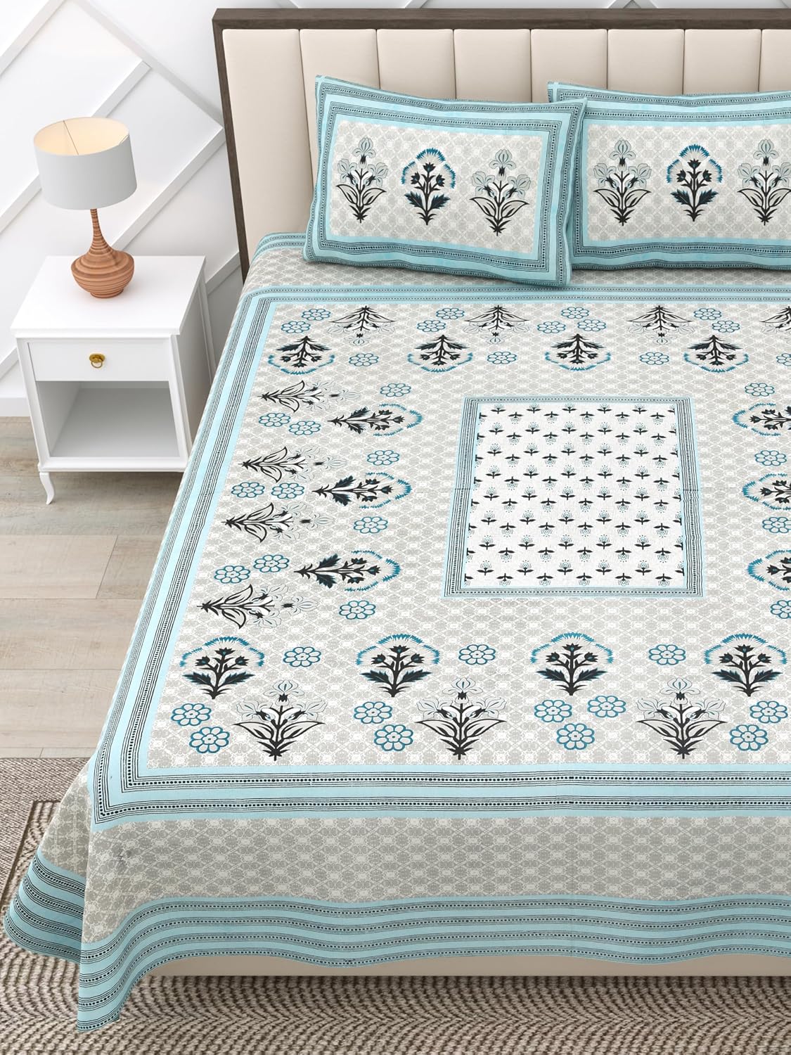 Suitable For King Size Bedsheet With 2 Pillow Cover - 90 X 108 Inches, Grey & Sky Blue | Soft, Breathable & Skin-Friendly Feel For Year-Round Comfort