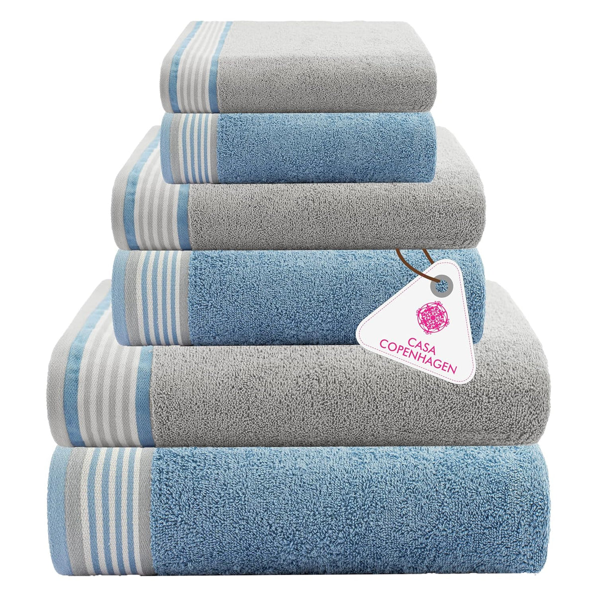 Casa Copenhagen Germany Design 2 Bath + 2 Hand & 2 Washcloths Towels 1800 Gsm | He & She Super Soft Collection 100% Cotton 6 Piece Towel Set - Grey Violet & Dusty Blue
