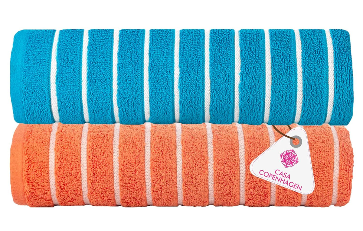 Casa Copenhagen Designed In Denmark Estatic Super Soft 2 Pieces 100% Cotton Large Bath Towel 525 Gsm - Teal Blue & Orange