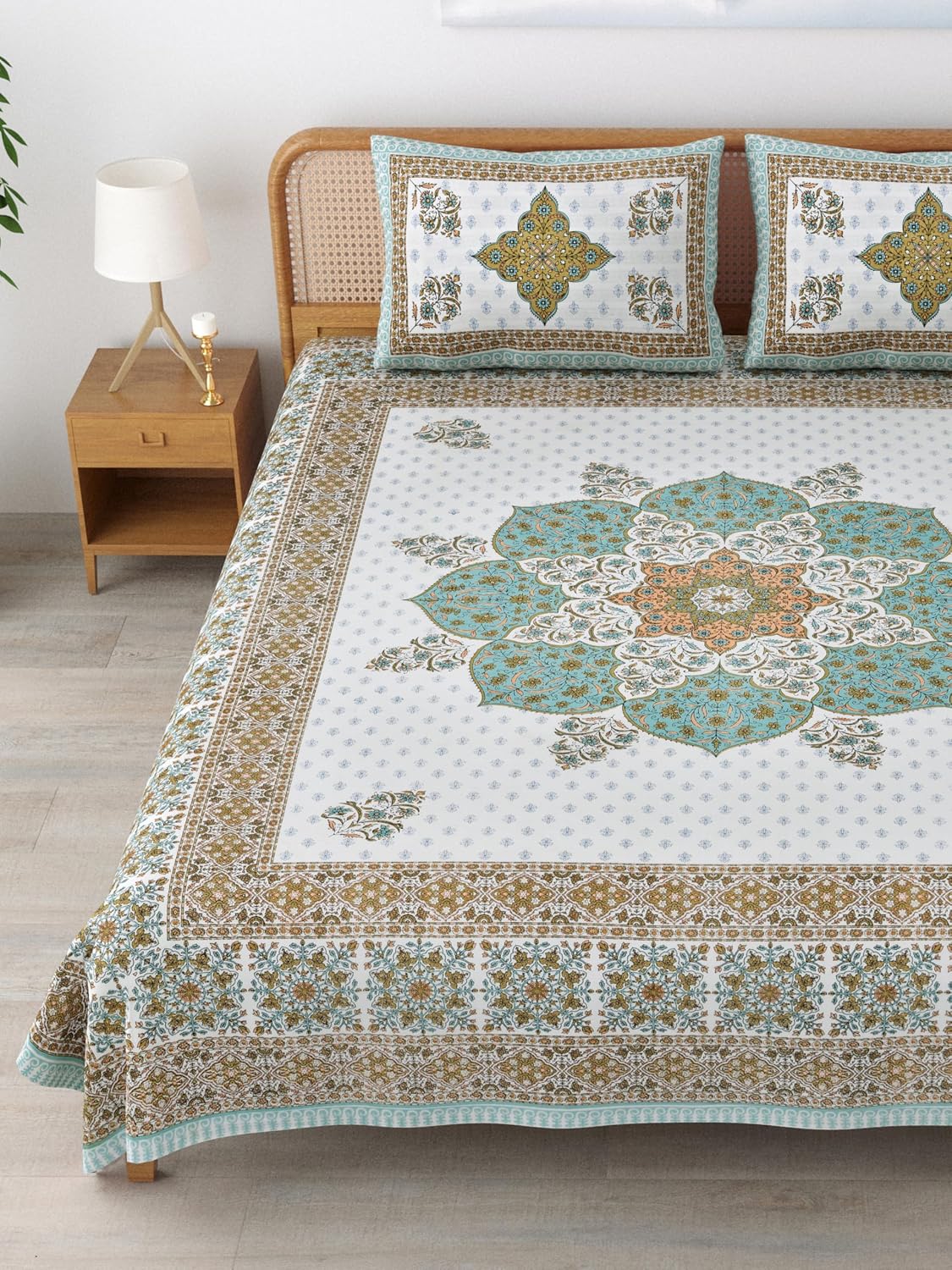 Sanskriti Bedsheet For Double Bed King Size With 2 Pillow Cover - 90 X 108 Inches, Teal & White | Soft, Durable & Stylish | Breathable & Skin-Friendly