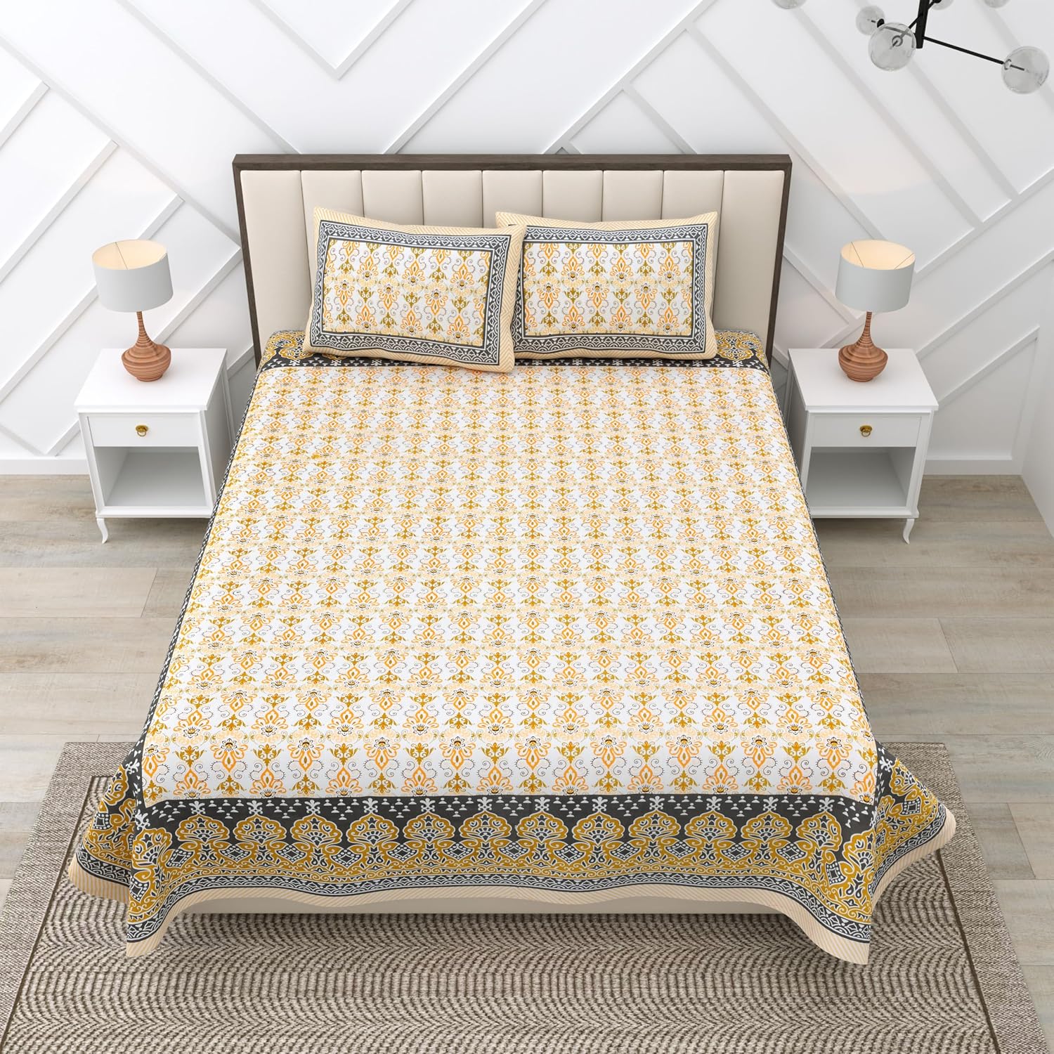 Suitable For King Size Bedsheet With 2 Pillow Cover - 90 X 108 Inches, Yellow & White | Soft, Breathable & Skin-Friendly Feel For Year-Round Comfort