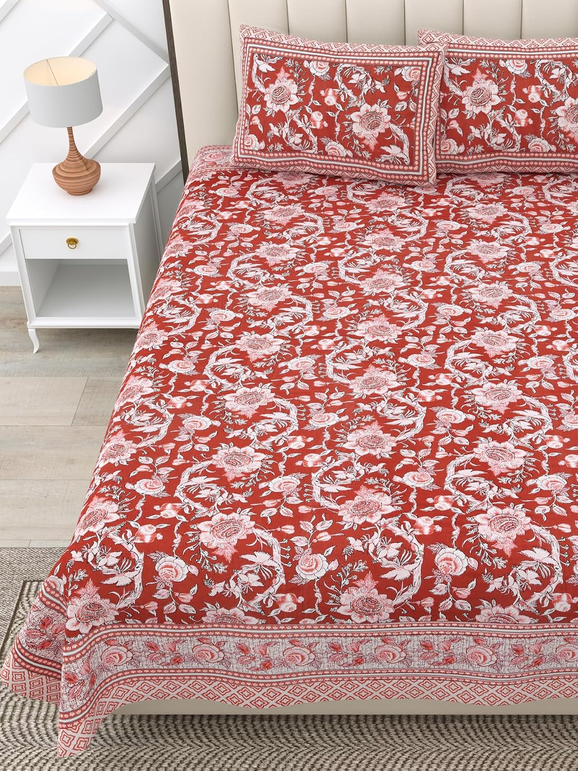 King Size Bedsheet With 2 Pillow Cover - 90 X 108 Inches, Red & White | Light Weight & Easy To Wash At Home | Resistant For An All-Season Use