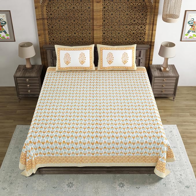 Traditional Hand Block Printed Cotton King Size Bedsheet With 2 Pillow Covers, 90 X 108 Inches, White | 200 Thread Count-Vibrant Bedding For Stylish Bedrooms