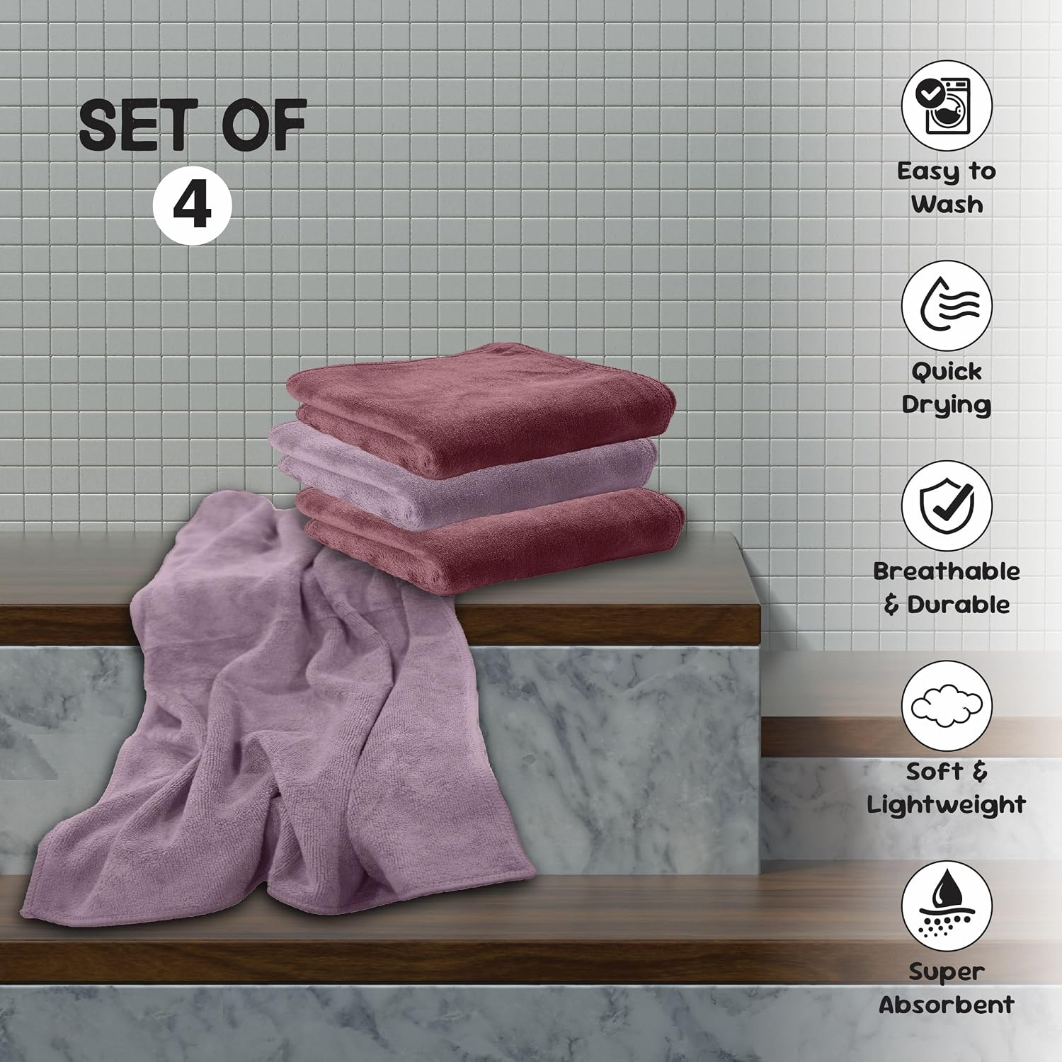 Housse Microfiber Hand Towel 800 Gsm | Premium Quality Towels Ultra Absorbent & Anti-Bacterial For Gym (Rose Taupe & Nirvana Purple) - Pack Of 4