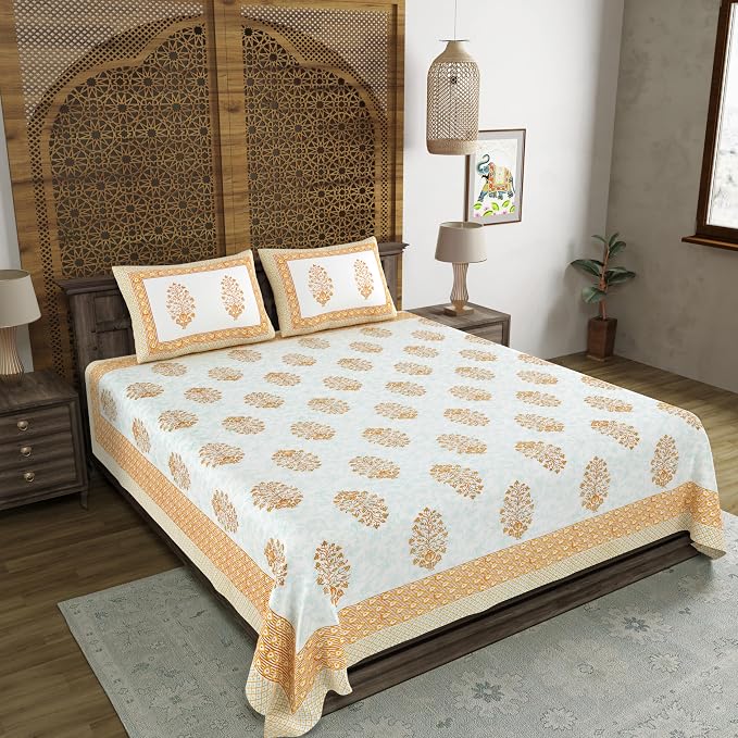 Traditional Hand Block Printed Cotton King Size Bedsheet With 2 Pillow Covers, 90 X 108 Inches, White | 200 Thread Count-Vibrant Bedding For Stylish Bedrooms