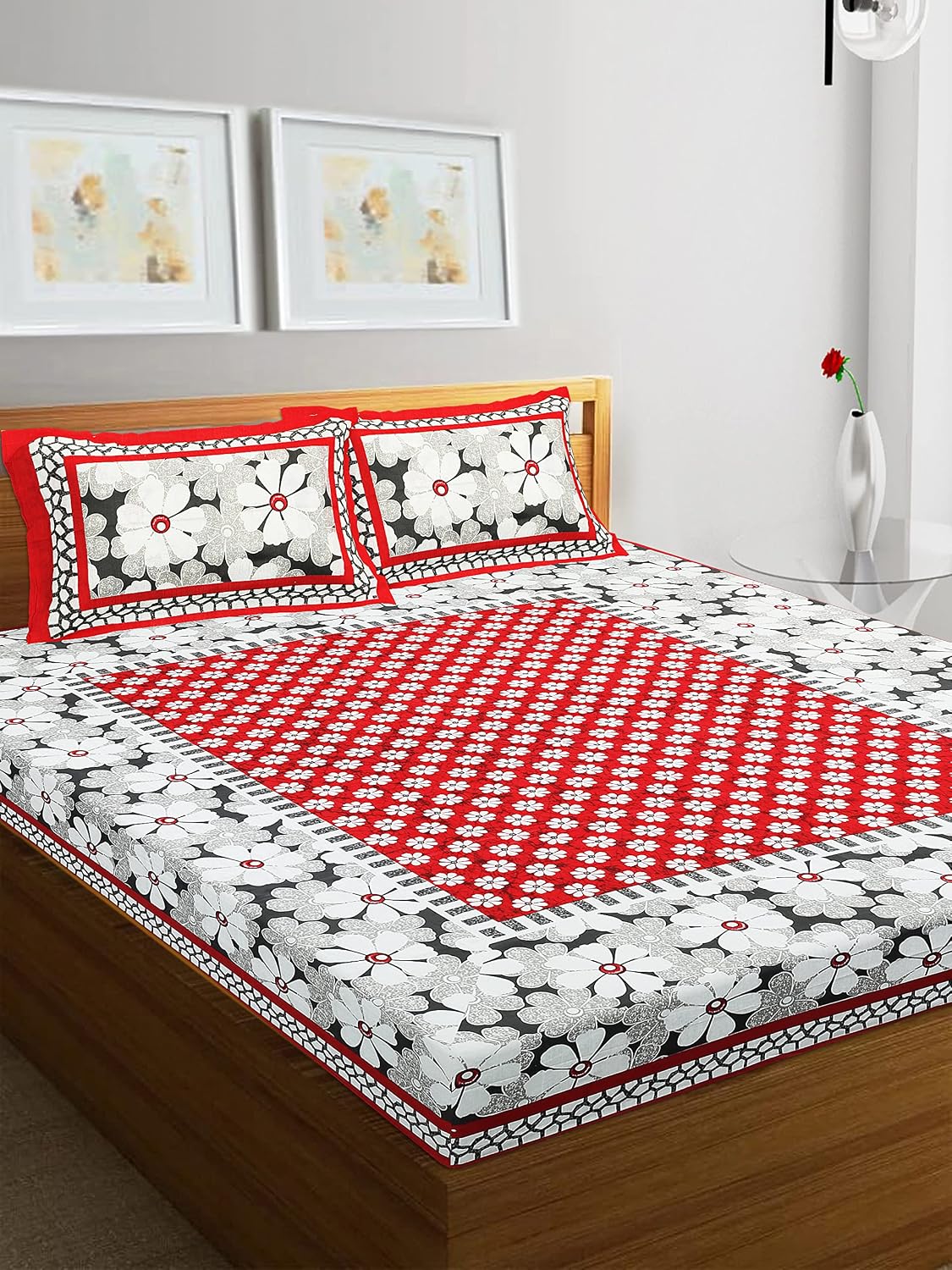 Pure 100% Cotton Double Bed Sheet With 2 Pillow Covers - 90 X 100 Inches, Maroon & White | Beautifully Handcrafted Traditional Bedsheets - Skin Friendly Fabric