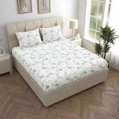 Luxury Bedsheet Queen Size With 2 Pillow Cover - 60 X 78 Inches, White & Grey | Printed All Around Elastic Fitted Bedsheet | Durable & Fade-Resistant