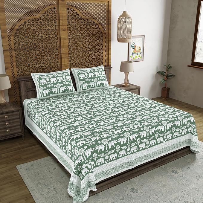 Hand Block Printed Cotton King Size Bedsheet With 2 Pillow Covers, 90 X 108 Inches, Green | 200 Thread Count-Good For Villas, Resorts, Guest Houses, & Daily Home Use