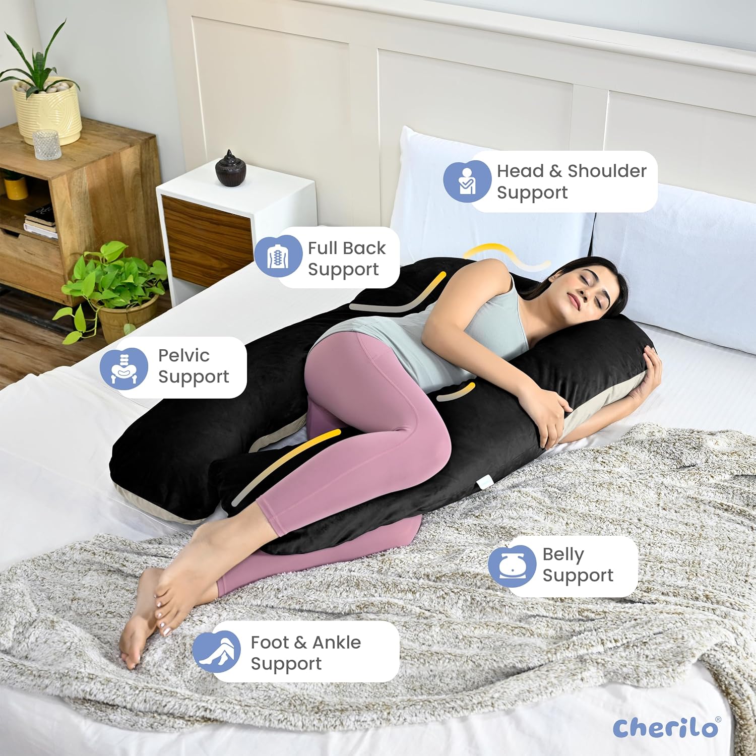 U Shaped Pregnancy Pillow For Pregnant Women & Nursing Mom, Black & Beige | Full Body Support, Single Pillow For Multipurpose Use During Maternity | Premium Velvet Outer Cover With Zip