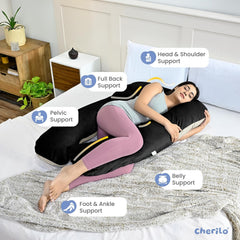 U Shaped Pregnancy Pillow For Pregnant Women & Nursing Mom, Black & Beige | Full Body Support, Single Pillow For Multipurpose Use During Maternity | Premium Velvet Outer Cover With Zip