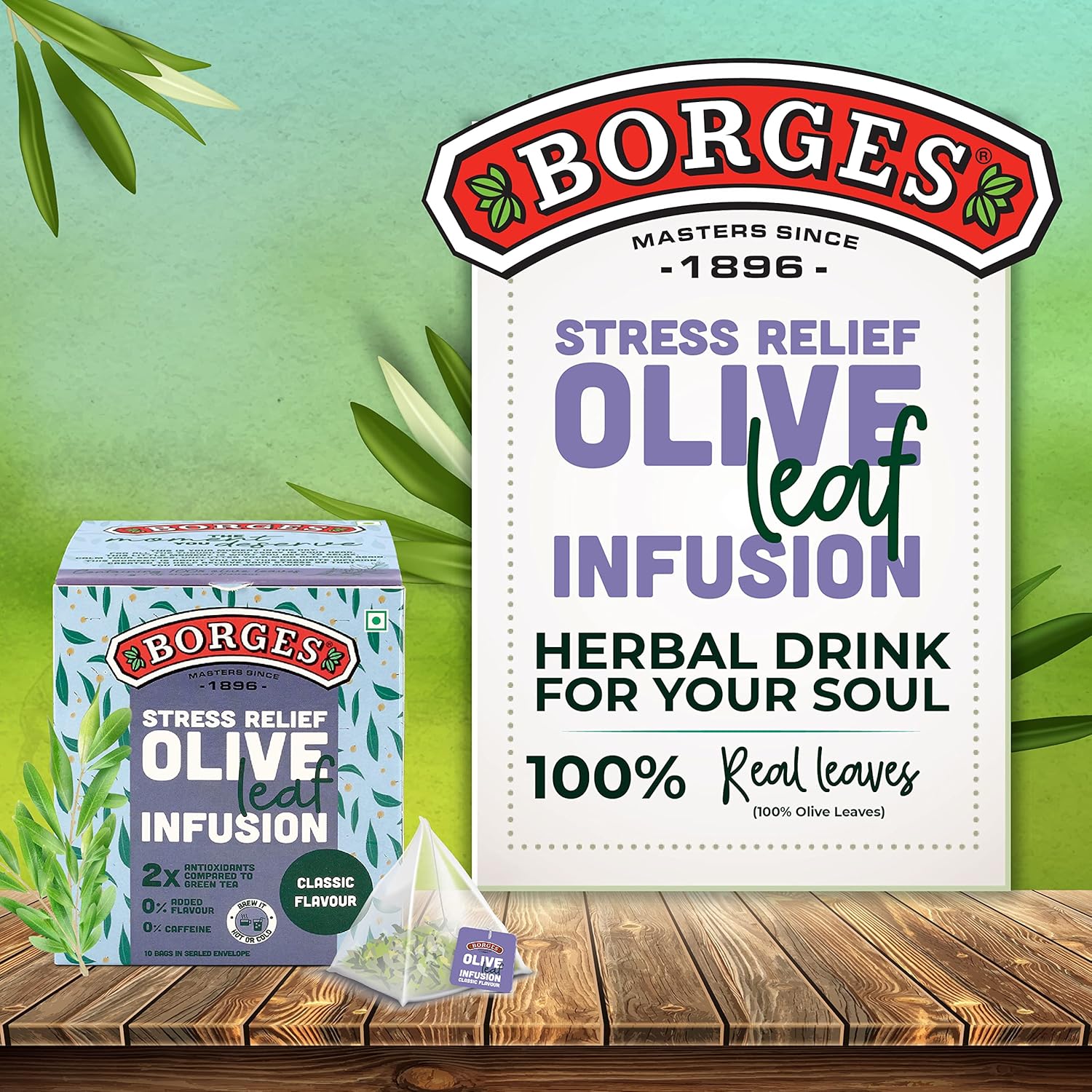 Borges Stress Relief Olive Leaf Infusion Classic Flavor Tea - 10 Bags In Sealed Envelope | 2X Antioxidants Than Green Tea - Caffeine Free, No Added Flavor