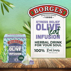 Borges Stress Relief Olive Leaf Infusion Classic Flavor Tea - 10 Bags In Sealed Envelope | 2X Antioxidants Than Green Tea - Caffeine Free, No Added Flavor