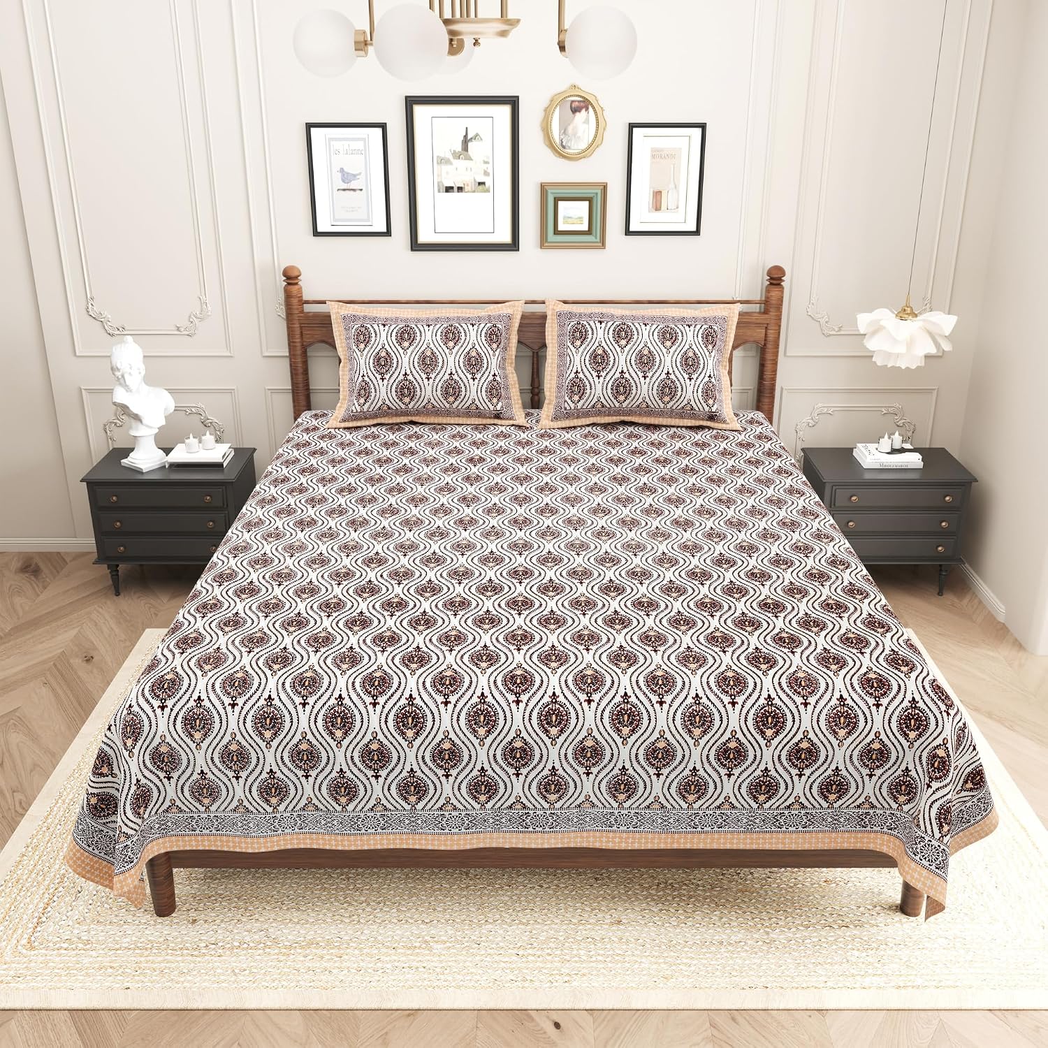 Pure Cotton King Size Bedsheet 2 Matching Pillow Covers | 100x108 Inches, Brown & Orange | Traditional Jaipuri Printed Bedsheet | Ideal Wedding Gift, Housewarming, Special Occasion Surprise