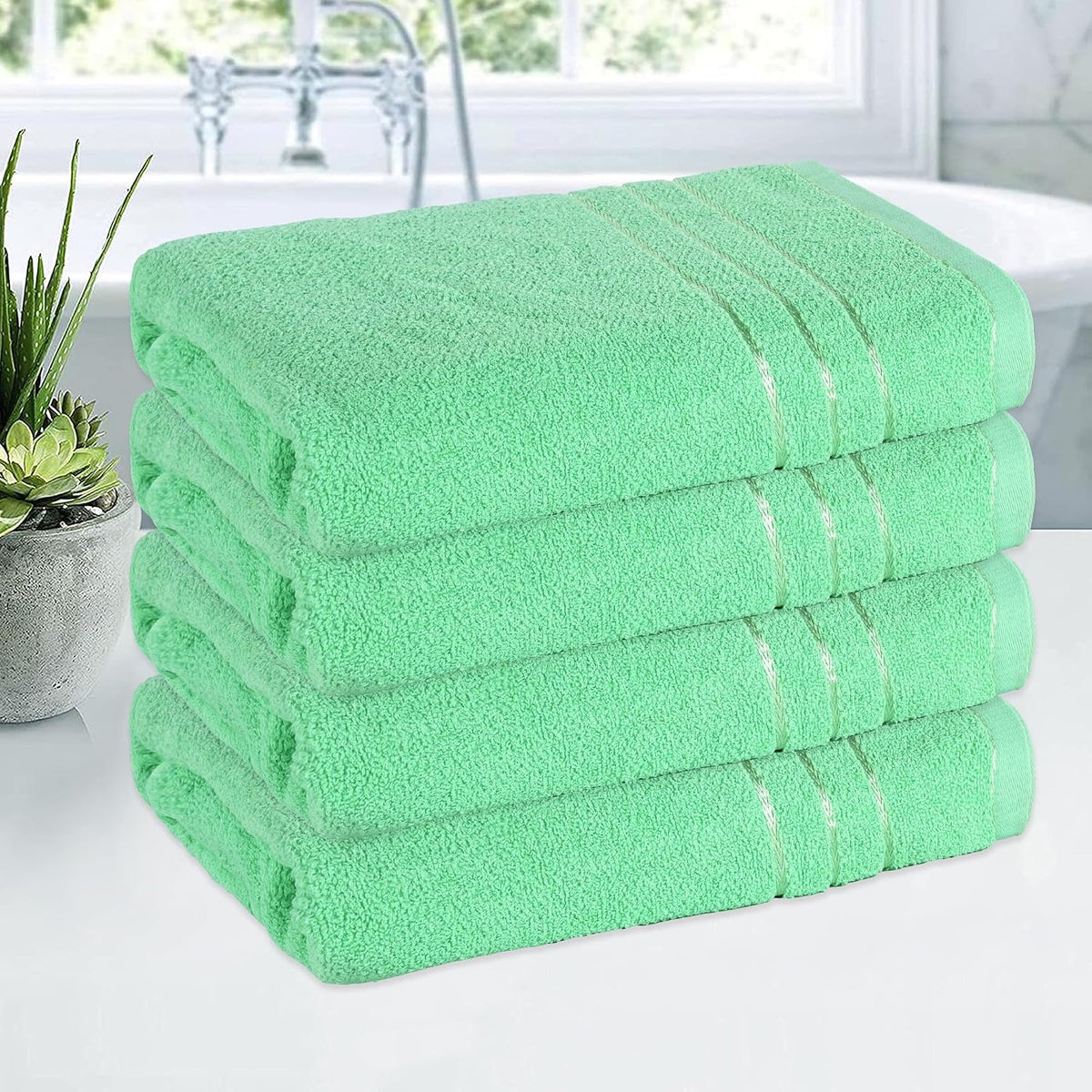 Kuber Industries Bath Towel 1800 Gsm | Towel For Bath, Gym, Travel & Beach | Plain Lining (Green)- Pack Of 4