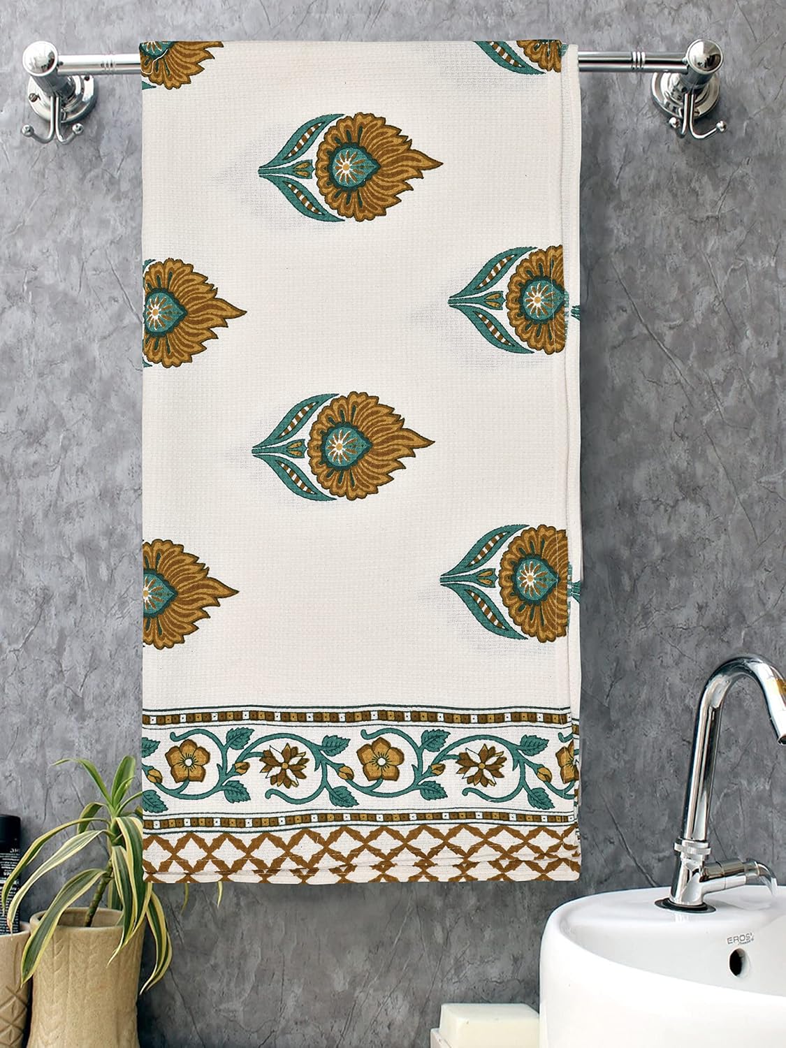 Mafatlal 100% Cotton Waffle Towel Large Size 200 Gsm | Light Weight, Quick Dry, Hand Printed, Floral Designs & Craft, Super Absorbent Towel (Madhuban Collection)