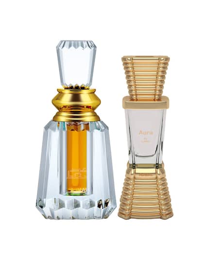 Ajmal Aura Concentrated Perfume Oil Floral Fruity Alcohol-free Attar 10ml 0.3 Fl.oz. & Oudh Mukhallat Concentrated Perfume Oil Oriental Oudhy Alcohol-free Attar 6ml 0.2 Fl.oz. For Unisex | Pack Of 2