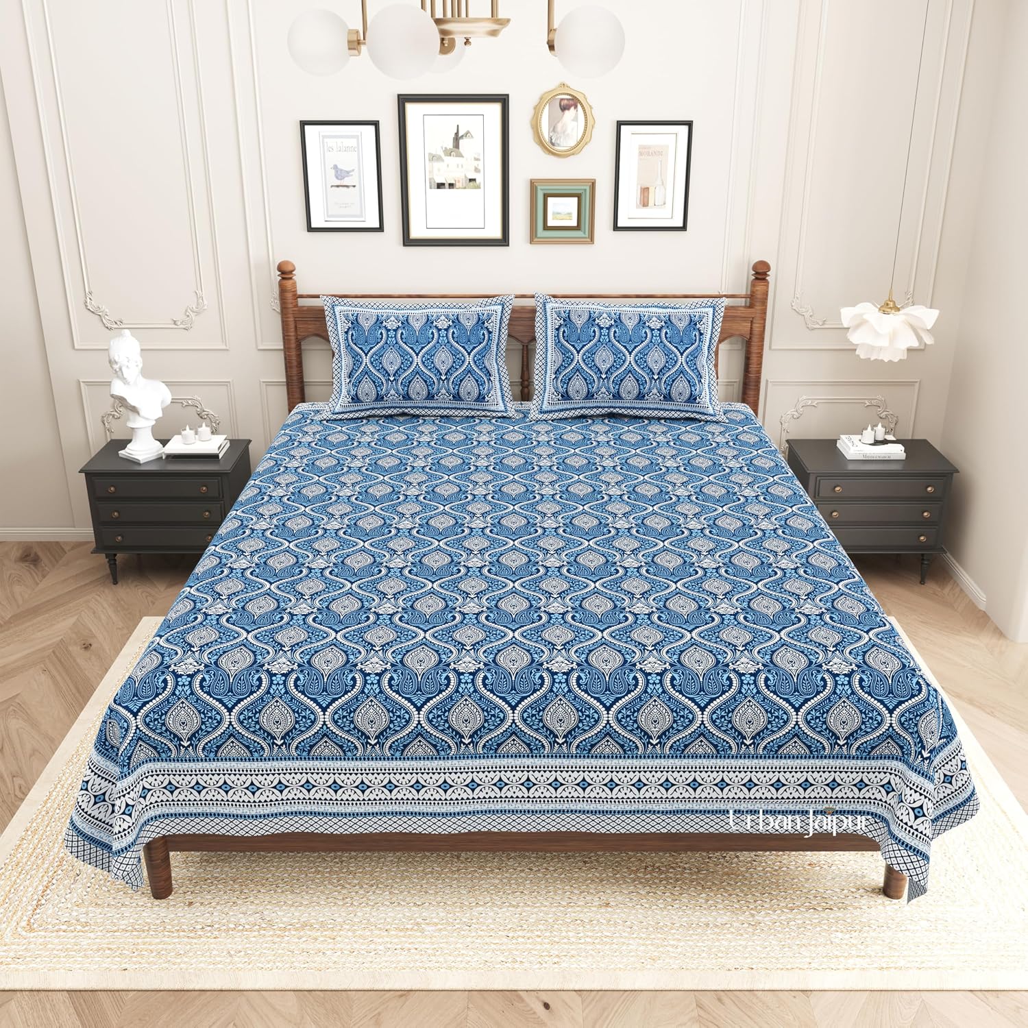 Jaipuri Bedsheet For Double Bed With 2 Pillow Covers - 90 X 108 Inches, Dark Blue | Pure Cotton Bedsheet King Size Bed | Soft & Breathable Fabric