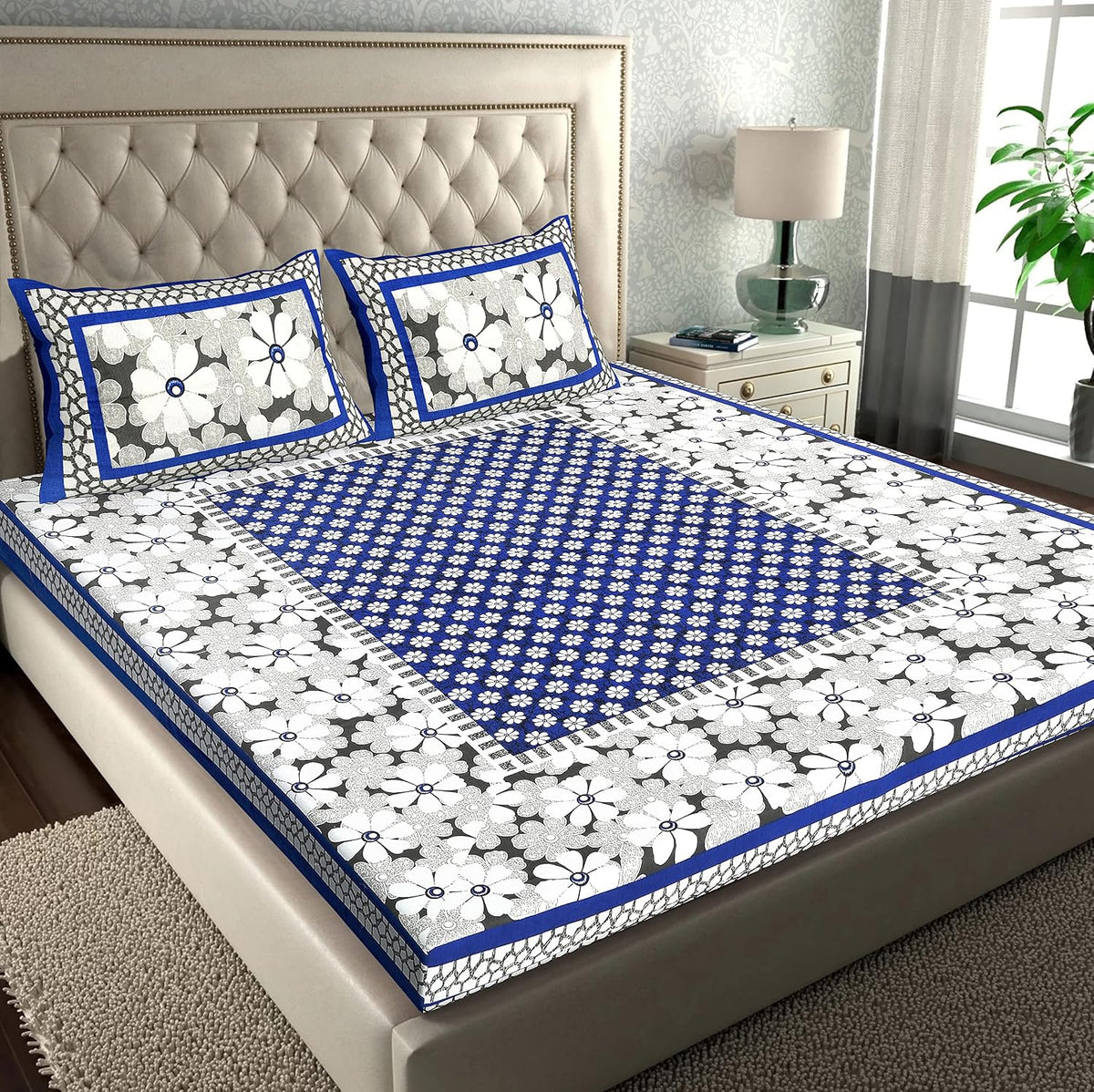 Pure 100% Cotton Double Bed Sheet With 2 Pillow Covers - 90 X 100 Inches, Blue & White | Beautifully Handcrafted Traditional Bedsheets - Skin Friendly Fabric