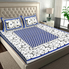 Pure 100% Cotton Double Bed Sheet With 2 Pillow Covers - 90 X 100 Inches, Blue & White | Beautifully Handcrafted Traditional Bedsheets - Skin Friendly Fabric