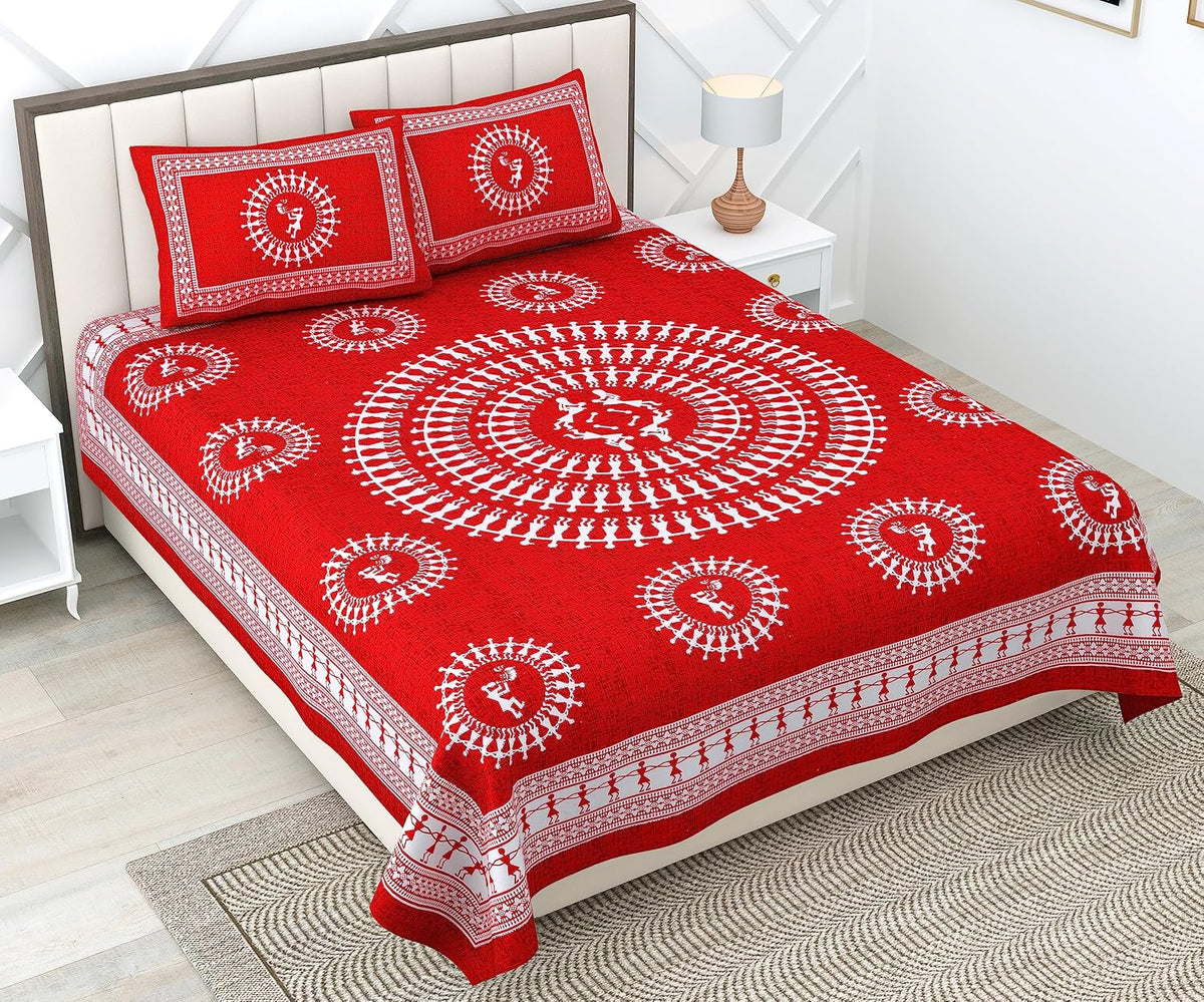 Printed Double Bedsheets For King Size With 2 Pillow Covers - 90 X 100 Inches, Red & White | Comfort Jaipuri Collection Bedsheet - Suitable For All Seasons