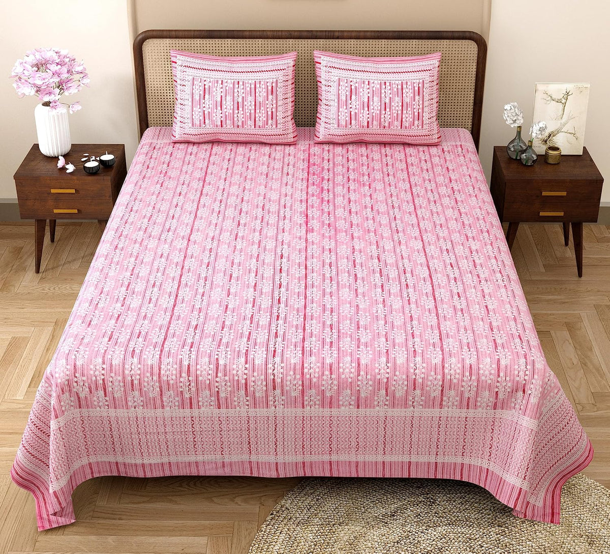 King Size Bedsheet With 2 Pillow Cover - 90 X 108 Inches, Pink & White | Light Weight & Easy To Wash At Home | Resistant For An All-Season Use