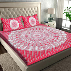 Rajasthani Jaipuri Bedsheets For Double Bed King Size With 2 Pillow Cover - 90 X 100 Inches, White & Pink | Skin Friendly Fabric With Vibrant Colors