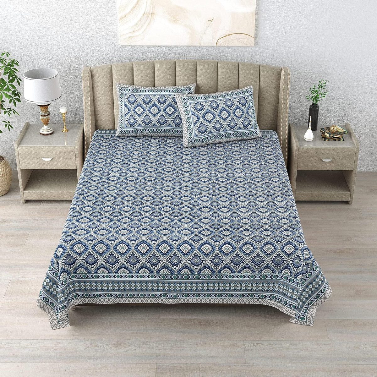 King Size Double Bedsheet With 2 Matching Pillow Covers Set | 90 X 108 Inches, Blue - Designer Printed Bedsheet Set | Perfectly Styled & Coordinated Look Bedsheet