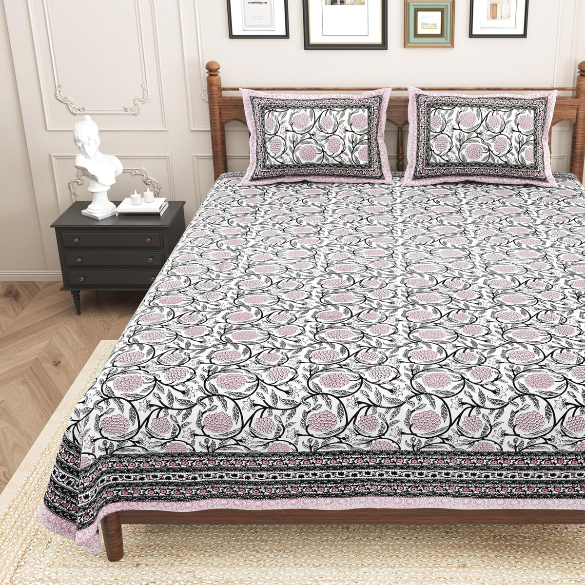 Pure Cotton King Size Bedsheet 2 Matching Pillow Covers | 100x108 Inches, White & Pink | Traditional Jaipuri Printed Bedsheet | Ideal Wedding Gift, Housewarming, Special Occasion Surprise