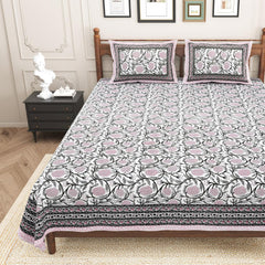 Pure Cotton King Size Bedsheet 2 Matching Pillow Covers | 100x108 Inches, White & Pink | Traditional Jaipuri Printed Bedsheet | Ideal Wedding Gift, Housewarming, Special Occasion Surprise