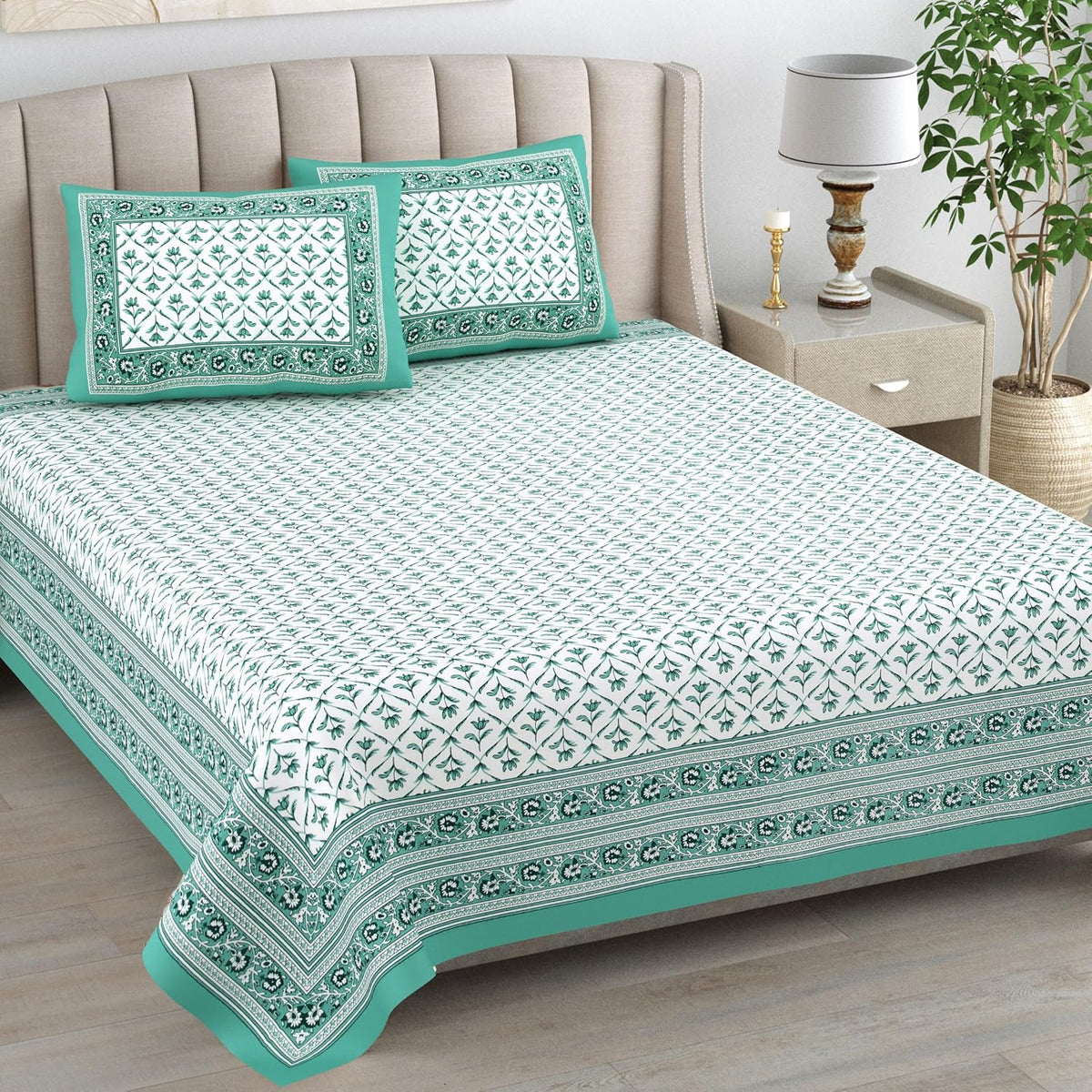 Cotton Queen Size Bedsheet For Double Bed With 2 Pillow Covers | 90 X 108 Inches, White & Green | Cotton Bedsheet Is Suitable For All Seasons | Ultra-Soft, Skin-Safe & Breathable Fabric