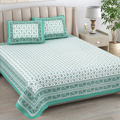 Cotton Queen Size Bedsheet For Double Bed With 2 Pillow Covers | 90 X 108 Inches, White & Green | Cotton Bedsheet Is Suitable For All Seasons | Ultra-Soft, Skin-Safe & Breathable Fabric