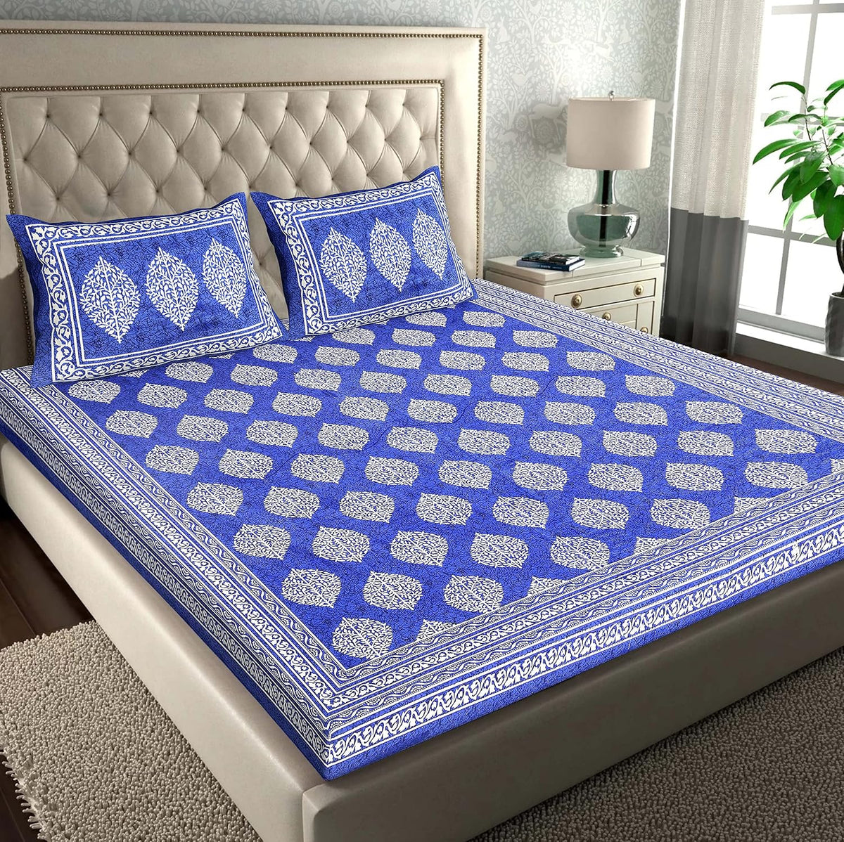 Cotton Double Bedsheet For King Size With Two Matching Pillow Covers - 90 X 94 Inches, Blue | Super Soft Breathable & Wrinkle Free