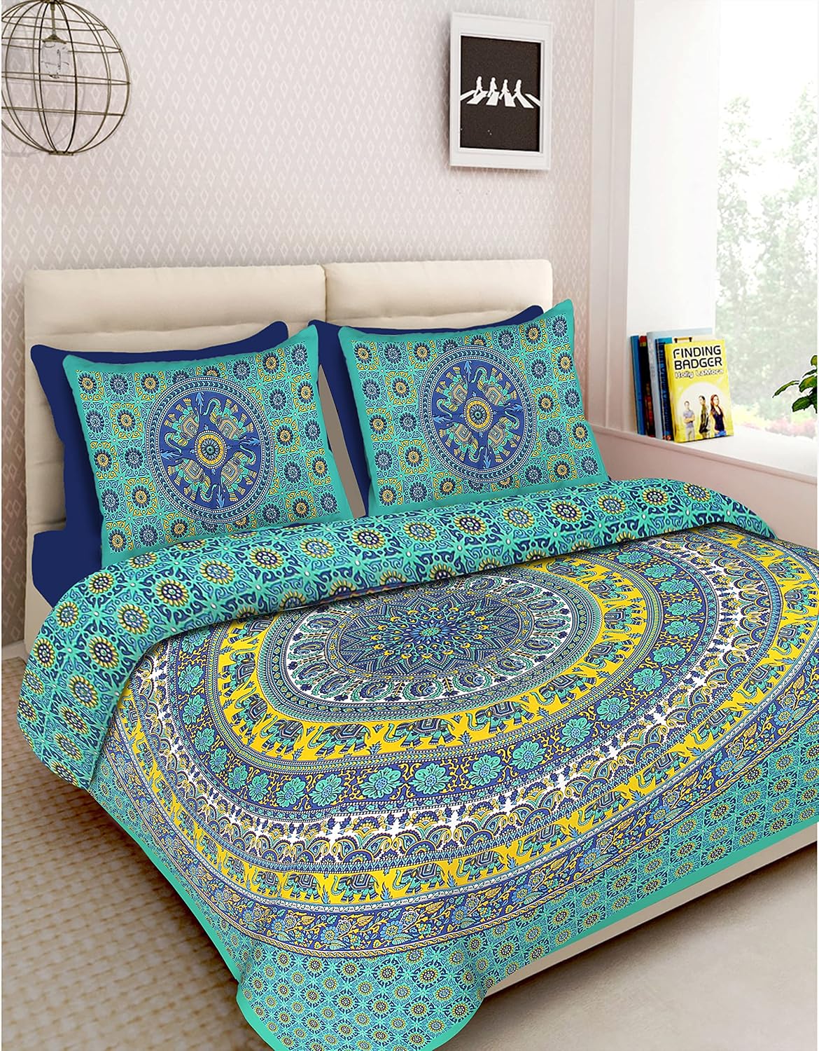 Printed Double Bedsheet For King Size With 2 Pillow Covers - 90 X 100 Inches, Green & Blue | Better Use Soft Detergent For Long Durability