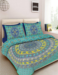 Printed Double Bedsheet For King Size With 2 Pillow Covers - 90 X 100 Inches, Green & Blue | Better Use Soft Detergent For Long Durability