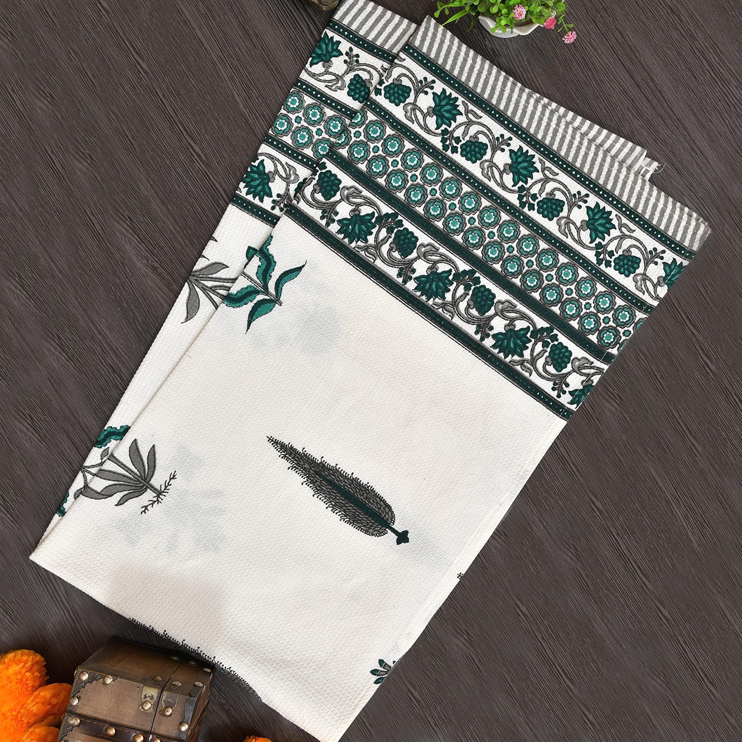 Mafatlal 100% Cotton Waffle Towel Large Size 200 Gsm | Light Weight, Quick Dry, Hand Printed, Floral Designs & Craft, Super Absorbent Towel (Madhuban Collection)
