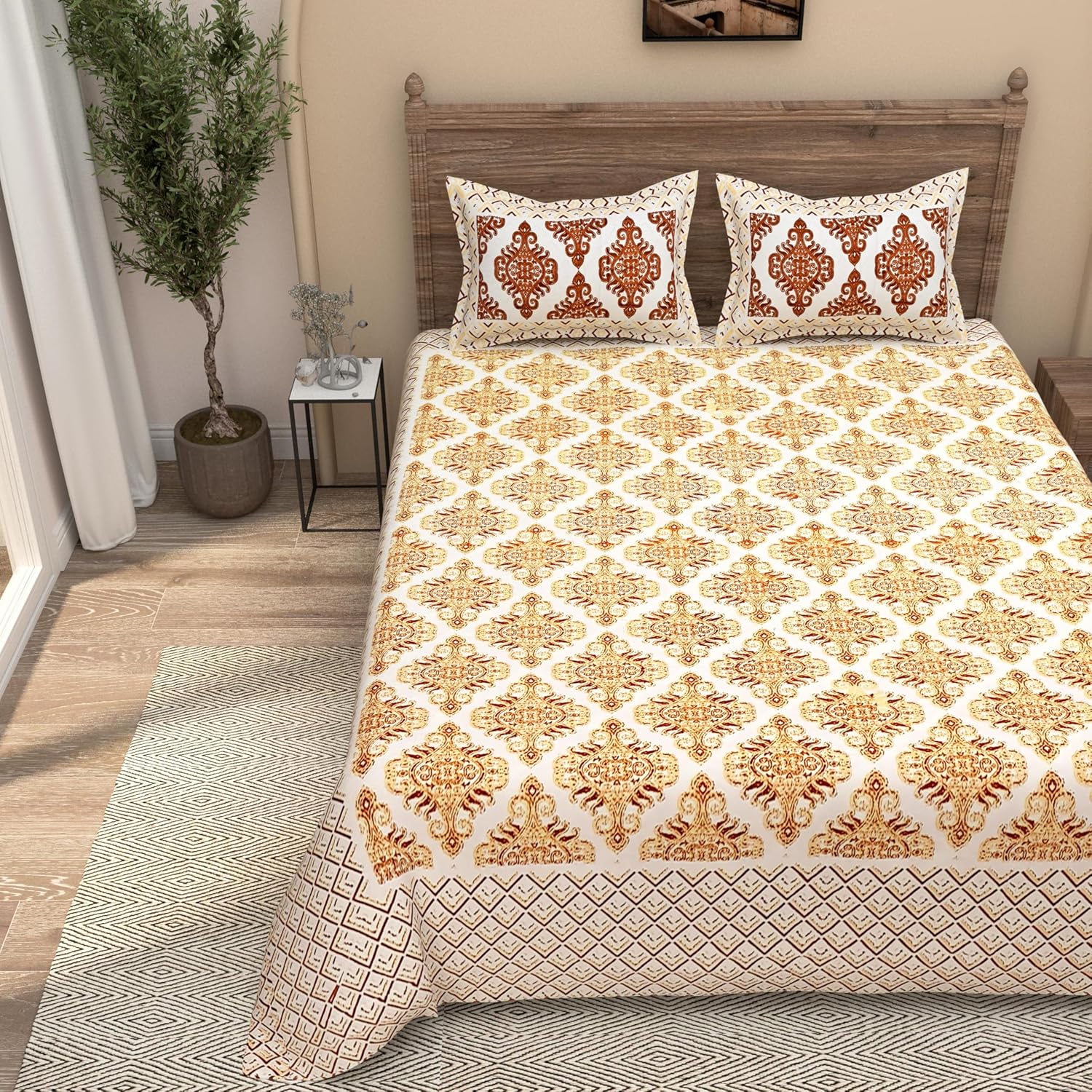 100% Cotton Jaipuri Bedsheet For King Size (90 X 103 Inches, Yellow) With 2 Pillow Covers | Perfect For Everyday Use, Guest Rooms, Or Gifting On Special Occasions