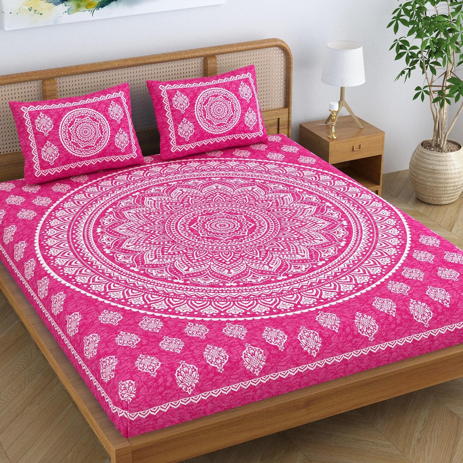 Printed Jaipuri Bedsheet For Double Bed With 2 Pillow Covers - 83 X 94 Inches, Pink | Long Lasting & Soft 120 Thread Count Bedsheet