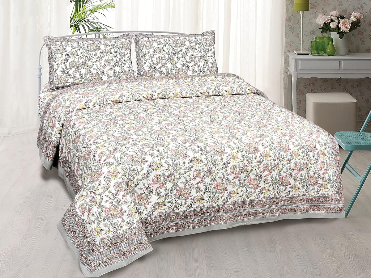 Traditional Rajasthani Design Bedsheet With 2 Pillow Covers - 90 X 108 Inches, White & Pink | Color Fade Resistant & Shrinkage Resistant For All-Season Use