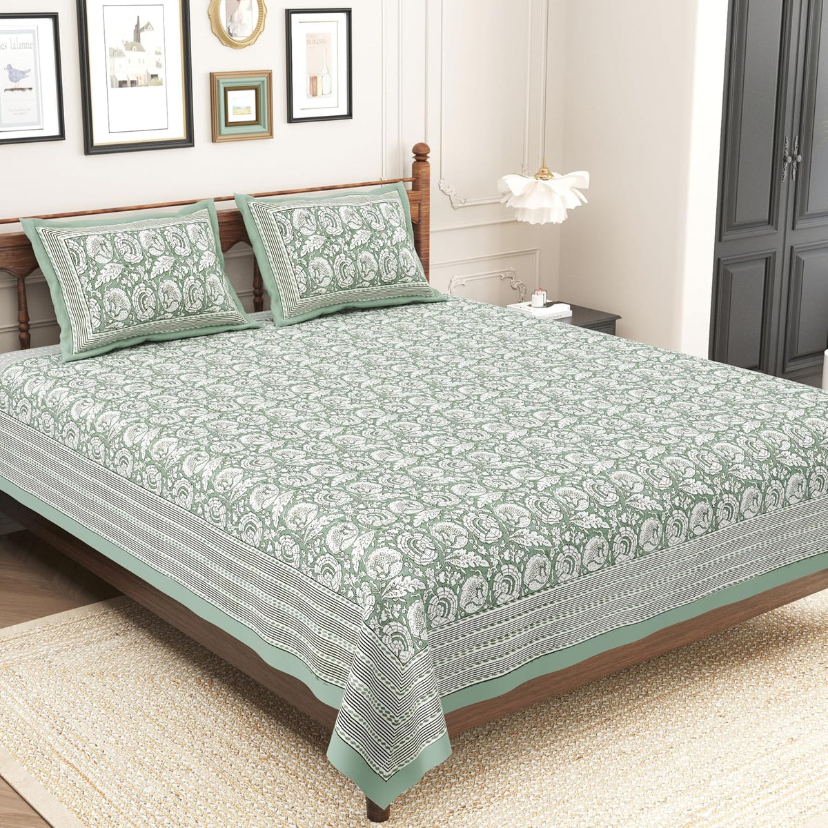 Pure Cotton King Size Bedsheet 2 Matching Pillow Covers | 100x108 Inches, White & Green | Traditional Jaipuri Printed Bedsheet | Ideal Wedding Gift, Housewarming, Special Occasion Surprise