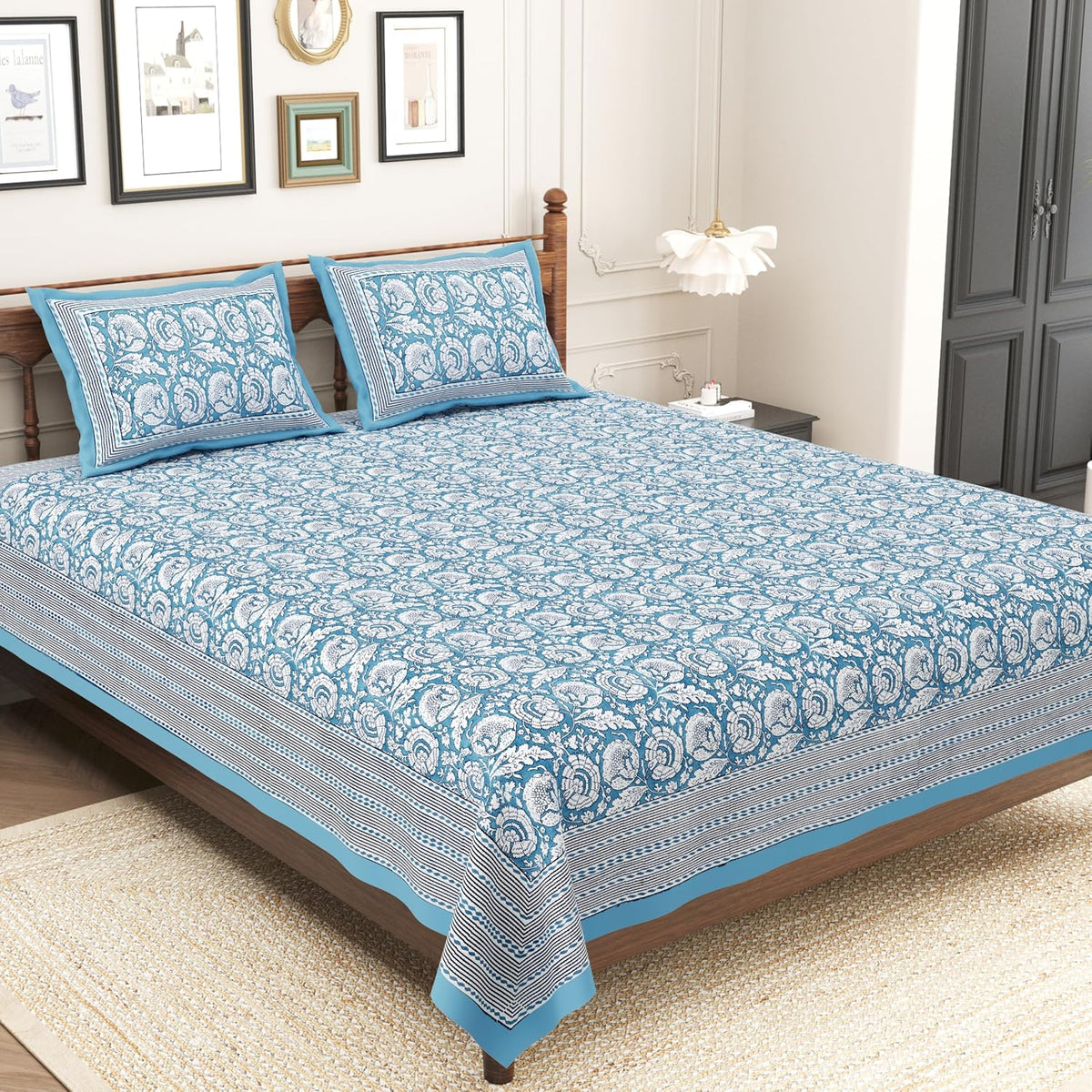 Pure Cotton King Size Bedsheet 2 Matching Pillow Covers | 100x108 Inches, White & Blue | Traditional Jaipuri Printed Bedsheet | Ideal Wedding Gift, Housewarming, Special Occasion Surprise