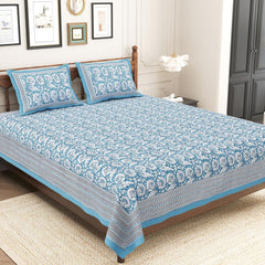 Pure Cotton King Size Bedsheet 2 Matching Pillow Covers | 100x108 Inches, White & Blue | Traditional Jaipuri Printed Bedsheet | Ideal Wedding Gift, Housewarming, Special Occasion Surprise