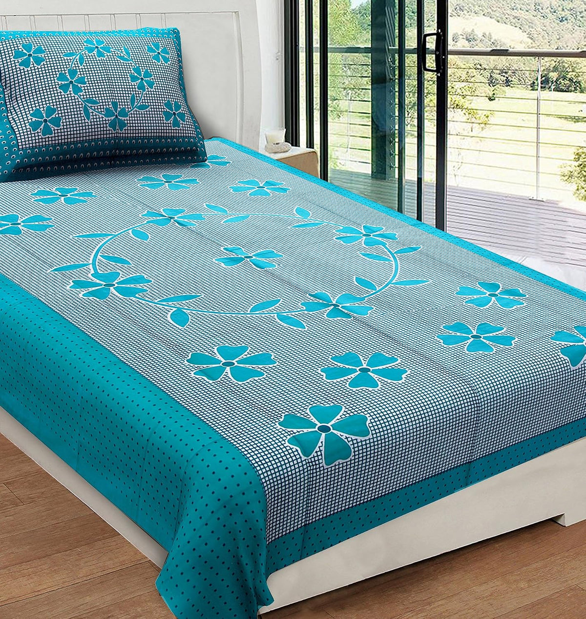 Traditional Jaipuri Single Bedsheet With 1 Pillow Cover - 56 X 86 Inches, Rama Green | Good Gifting Idea For Diwali | Skin Friendly Fabric With Vibrant Colors