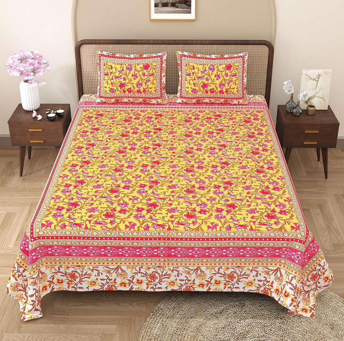 King Size Bedsheet With 2 Pillow Cover - 90 X 108 Inches, Yellow & Pink | Light Weight & Easy To Wash At Home | Resistant For An All-Season Use