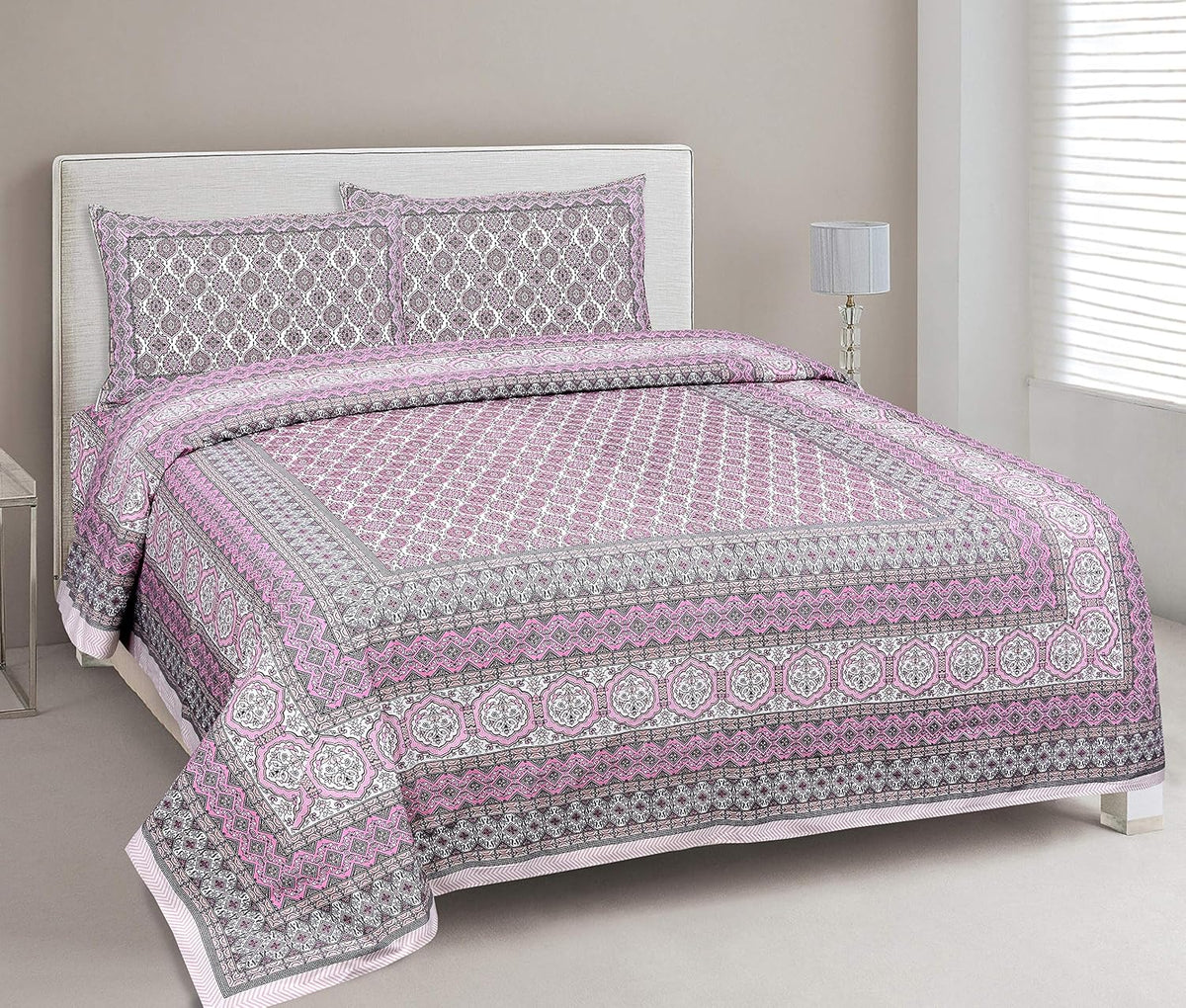Traditional Rajasthani Design Bedsheet With 2 Pillow Covers - 90 X 108 Inches, Pink & White | Color Fade Resistant & Shrinkage Resistant For All-Season Use