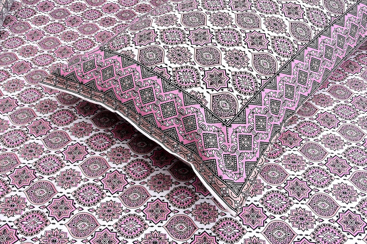 Traditional Rajasthani Design Bedsheet With 2 Pillow Covers - 90 X 108 Inches, Pink & White | Color Fade Resistant & Shrinkage Resistant For All-Season Use