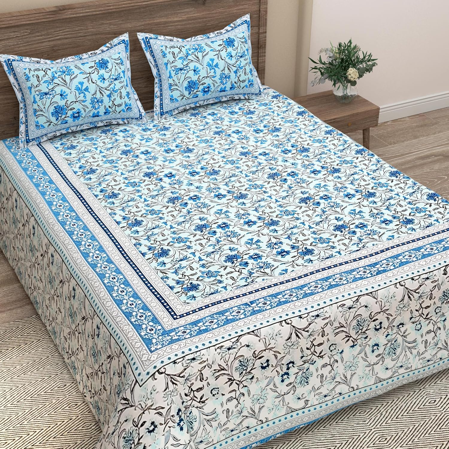 Traditional Rajasthani Design Bedsheet With 2 Pillow Covers - 90 X 108 Inches, Aqua & White | Color Fade Resistant & Shrinkage Resistant For All-Season Use