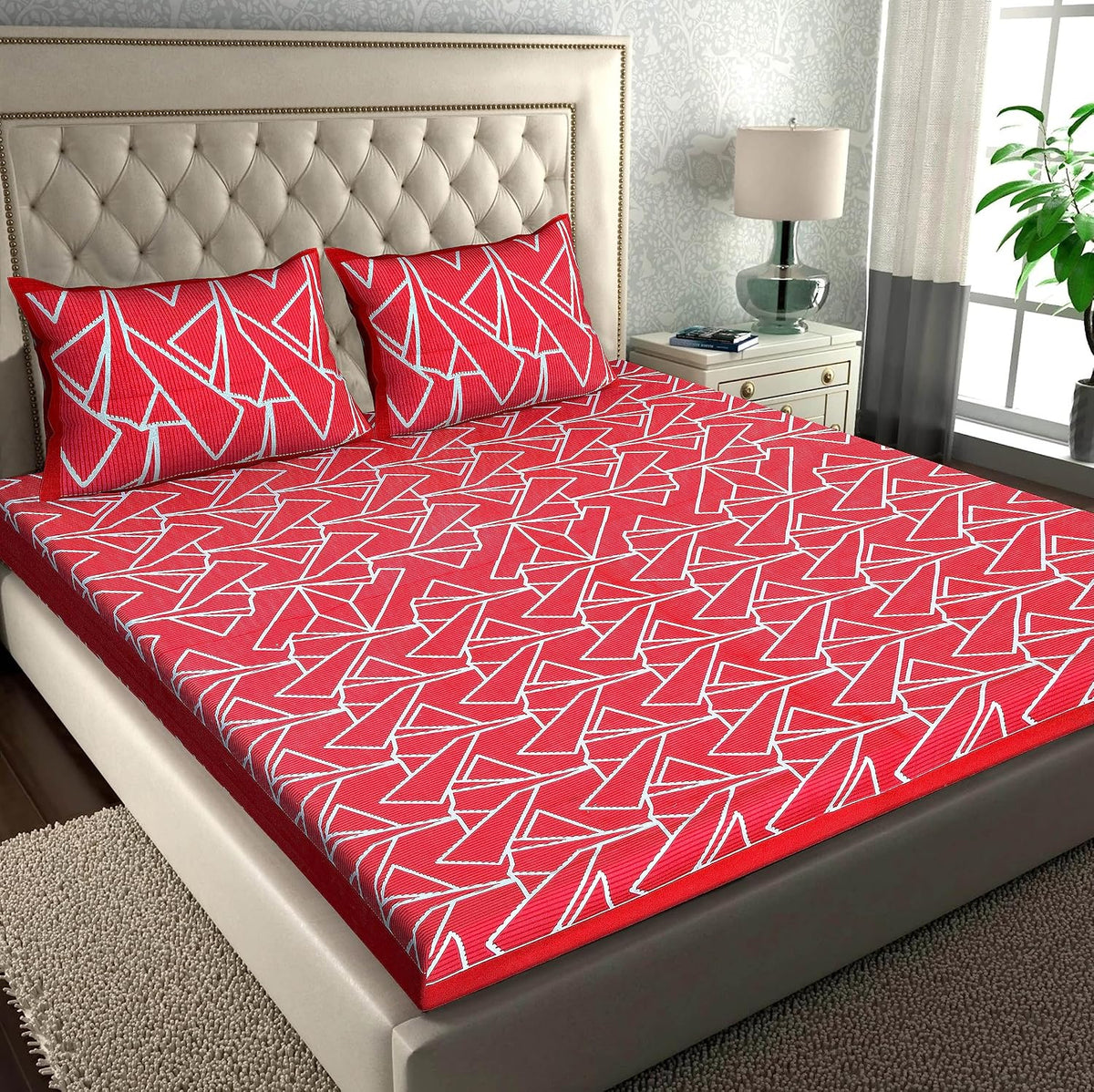 Printed Double Bedsheets For King Size With Tow Matching Pillow Covers - 90 X 100 Inches, Red & White | Comfort Jaipuri Collection Bedsheet - Suitable For All Seasons