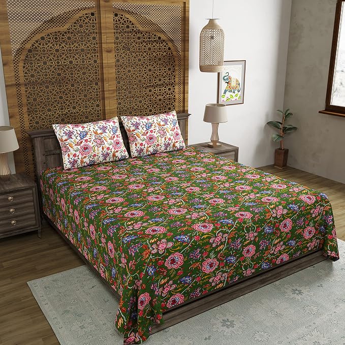 Hand Block Printed Cotton King Size Bedsheet With 2 Pillow Covers, 106 X 106 Inches, Green | 200 Thread Count-Good For Villas, Resorts, Guest Houses, & Daily Home Use